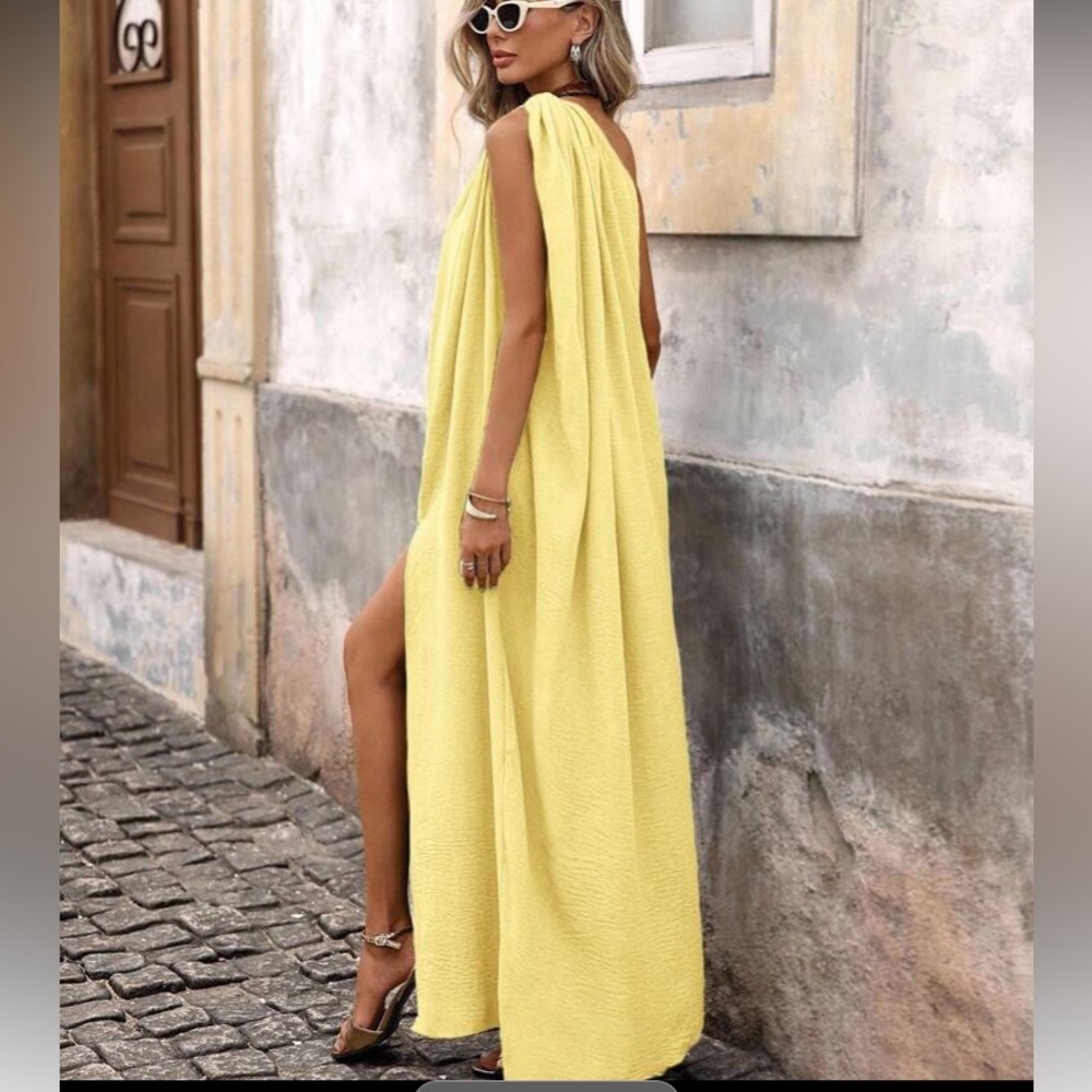 Elegant One-Shoulder Yellow Dress - Picture 3 of 16